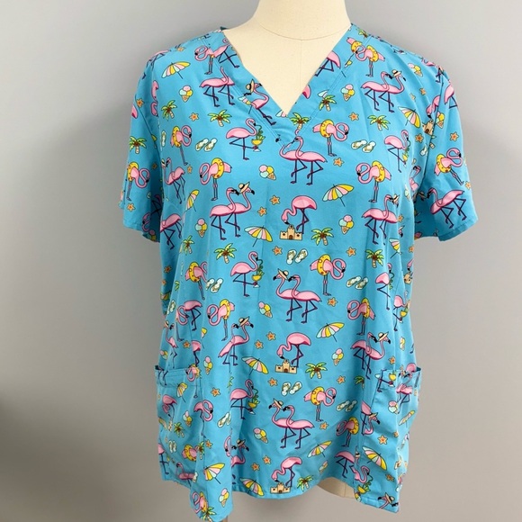 Prints By Maevn Scrub Top Plus 2X  Blue w/ Pink Flamingoes Summer Scrubs Uniform - Picture 1 of 6